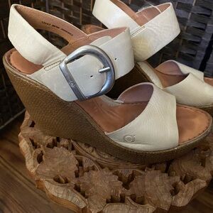 Born Cream and Brown Wedge Sandals